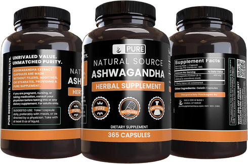 Ashwagandha (365 Capsules) by Pure Original Ingredients - Always Pure, No Magnesium or Rice Fillers, Lab Verified