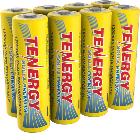 Tenergy Solla Premium Rechargeable NiMH AA Battery, 1300mAh, 8 Pack for Solar Garden Lights, UL Certified