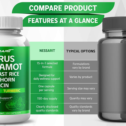 NESSARIT 15-in-1 150 Count Citrus Bergamot Supplement - Natural Blend with Red Yeast Rice Hawthorn Olive Leaf Odorless