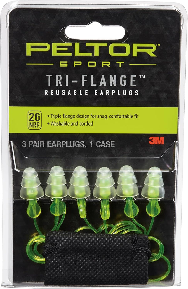 Peltor Sport Tri-Flange Corded Reusable Earplugs, 3 Pair, NRR 26 dB, Comfortable Fit, Neon Yellow
