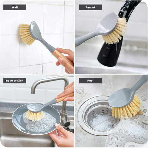 VRUPINZE 4-Piece Set, Natural Bamboo Dish Brush Bottle Scrub Brush with Ceramic Soap Dispenser - Wooden Washing Up