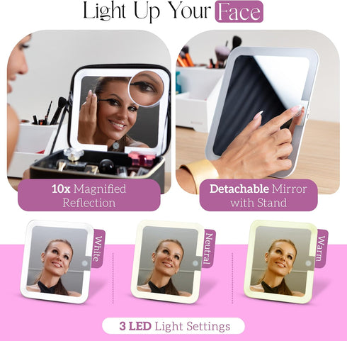 Travel Makeup Bag with LED Mirror, Water-Resistant Customizable Makeup Case with 10x Magnifier Mirror Included
