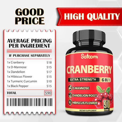 Satoomi 6in1 Cranberry Pills for Women - 90 Veggie Capsules, 3-Month Supply, 6 Herbal Ingredients Extract