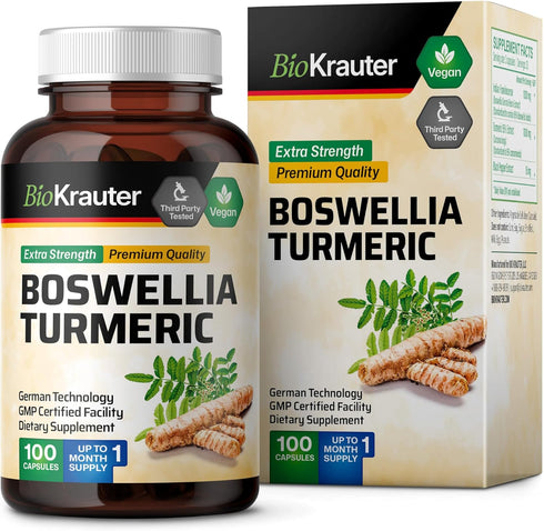 BIO KRAUTER Turmeric Supplement with Boswellia Extract Capsules - 2000 mg Blend, 100 Count, Vegan Formula