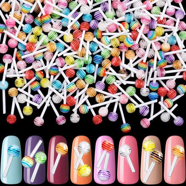 PAGOW 200pcs Mini Sugar Nail Art, 6mm Colorful Candy Lollipop Nail Charm, 3D Acrylic Decorations for Women Teen Girls
