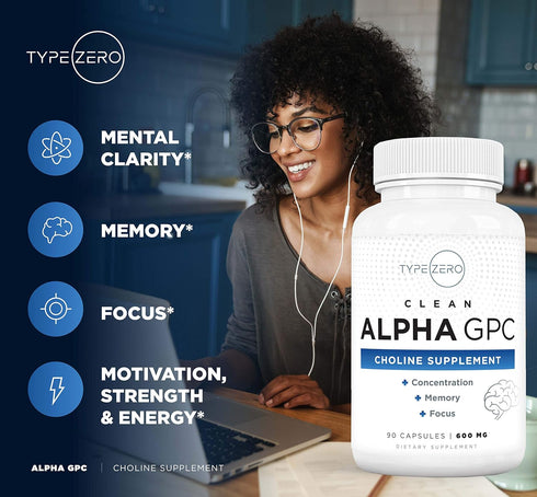 Type Zero Ultra Clean Alpha GPC Choline Supplement (90 Capsules | 600mg) Non-GMO, Soy Free Nootropics for Brain Focus