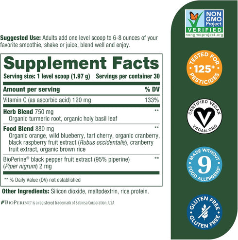 MegaFood Daily Turmeric Nutrient Booster Powder - Turmeric Supplement -with Black Pepper Extract, Tart Cherry & Vitamin C - Vegan - Made without 9 Food Allergens - 2.08 Oz (30 Servings)