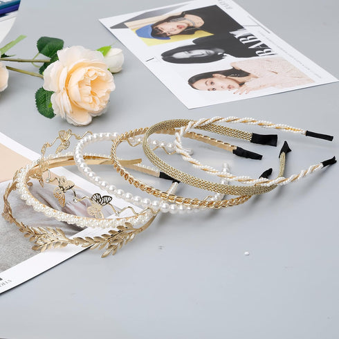 WOVOWOVO Pearl Headbands for Women, 8 Pack White Faux Pearls Hairband, Gold Metal Headband for Bridal Accessories