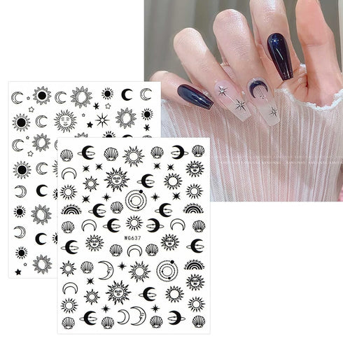 JMEOWIO 10 Sheets Moon Star Sun Nail Art Stickers, Colorful Self-Adhesive Decals for Nail Design Accessories