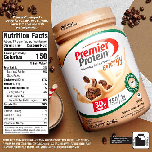 Premier Protein Powder - Cafe Latte, 30g Protein, 1g Sugar, 100% Whey Protein, Keto Friendly - 17 Servings
