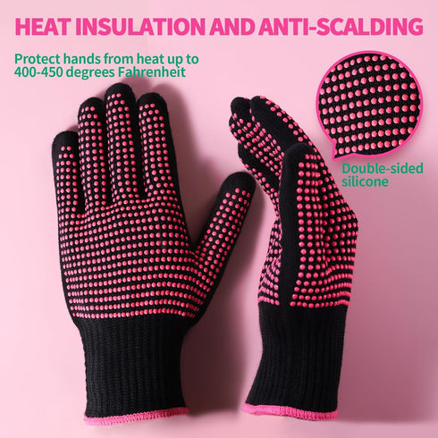 Teenitor 2 Pcs Heat Resistant Gloves with Silicone Bumps, Professional Mitts for Hair Styling, Rose Red