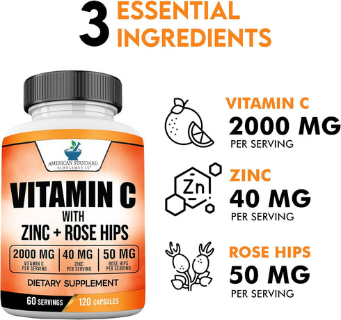 American Standard Supplements Vitamin C 2000mg, Zinc 40mg, Rose HIPS 50mg Per Serving – Vegan, Gluten Free, Non-GMO