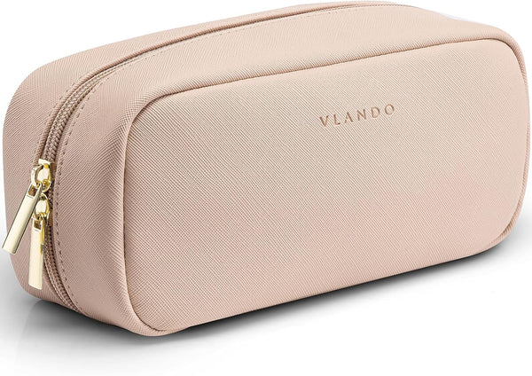 Vlando Small Makeup Pouch, Milk Tea PU Leather Travel Bag with Wide-open Design for Makeup Brushes