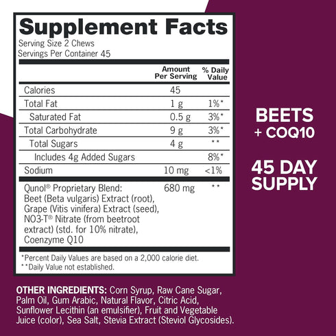 Qunol Beets Chews for Blood Pressure Support, 3 in 1 Beets + CoQ10 + Grape Seed Extract, 90 Chews