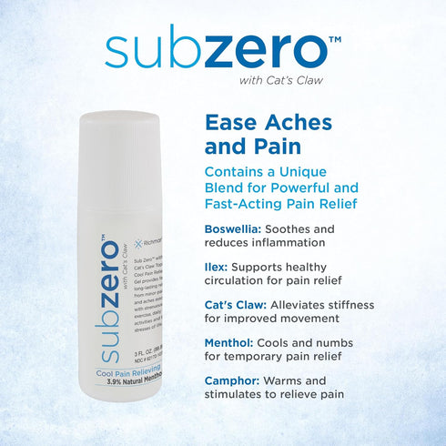 Sub Zero Cooling Pain Relief Gel, 3oz Roll-On for Muscle and Joint Relief