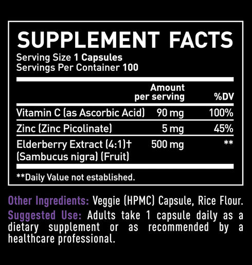 Zeal Naturals Max Strength Elderberry Capsules + Zinc + Vitamin C, 500mg for Immune System Support, 100 Count