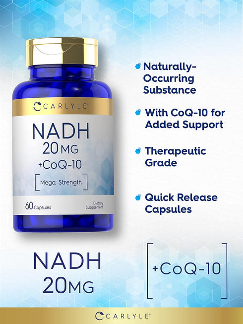 Carlyle NADH Supplement 20mg - with CoQ10, 60 Capsules, Mega Strength, Non-GMO, Gluten Free