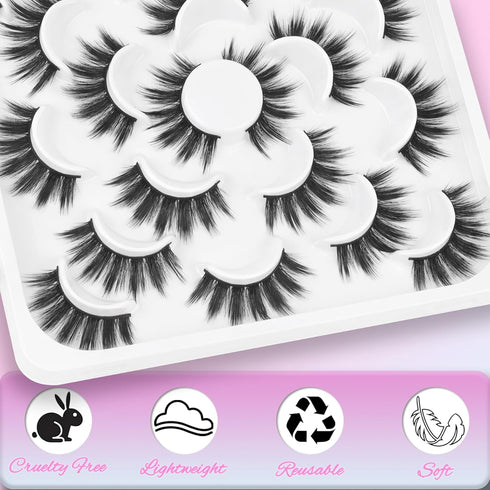 Losha 10 Pairs Wispy Faux Mink False Eyelashes, Soft 3D Volume Handmade Reusable Dramatic Long Eye Lashes Pack