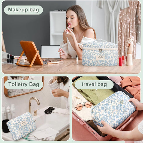 3 Pcs Cotton Quilted Makeup Bag Cute Aesthetic Floral Toiletry Bag, Large Travel Cosmetic Pouch for Women Girls