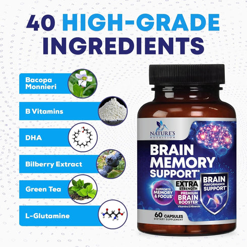 Nootropic Brain Supplements for Memory and Focus, 60 Capsules with 40 Nootropics & Vitamins for Clarity & Concentration