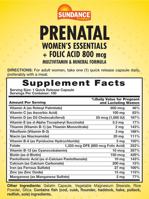 Prenatal Multivitamin and Mineral Formula | 100 Quick Release Capsules | with Folic Acid 800 mcg | Non-GMO, Gluten Free Supplement for Women | by Sundance