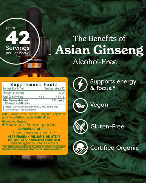 Herb Pharm Asian Ginseng Liquid Glycerite, Alcohol-Free, 1 Ounce for Energy and Stamina
