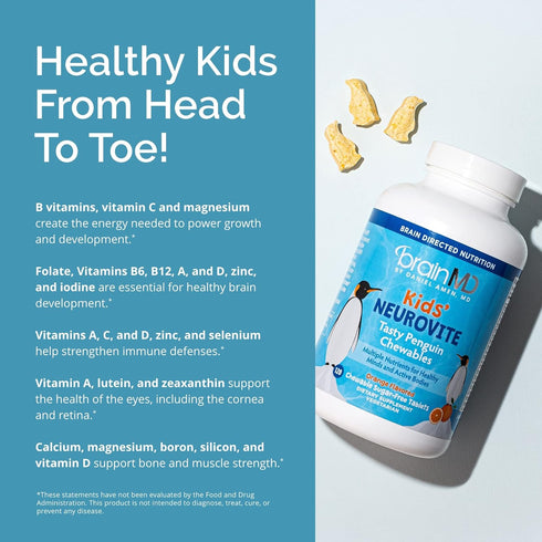 BRAINMD Dr Amen Kids’ NeuroVite, Orange Flavor - 120 Chewables - Multivitamin & Mineral Supplement for Healthy Growth