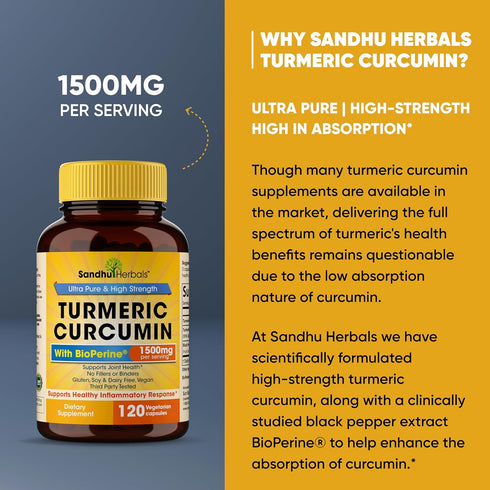 Sandhu Herbals Organic Turmeric Curcumin 120 Capsules 1500mg Joint Support with Bioperine Black Pepper Extract