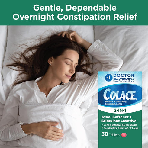 Colace 2-In-1 Stool Softener & Stimulant Laxative Tablets, 30 Count for Gentle Constipation Relief