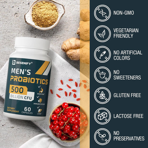 Probiotics for Men, 500 Billion CFUs, 30-Days Supply, 12 Strains for Digestive Health