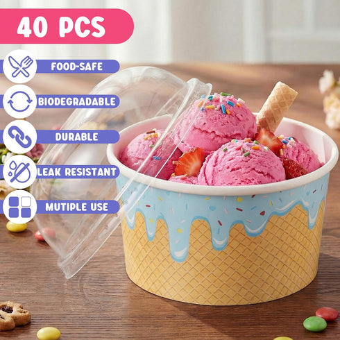 Jingmore 40 Count (8 oz) Paper Ice Cream Cups with Clear Dome Lids Disposable Dessert Cups Bulk Dessert Bowls Sundae