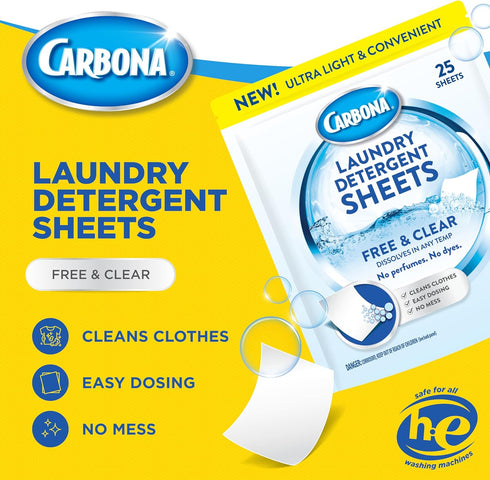 Carbona Laundry Detergent Sheets, Free & Clear, 1 Pack - 25 Sheets