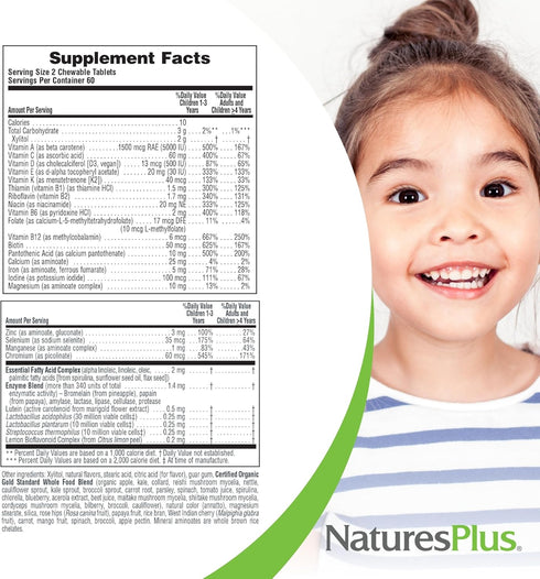 Natures Plus Animal Parade Gold Children's Multivitamin, Orange Flavor, 120 Chewable Tablets, 60 Servings