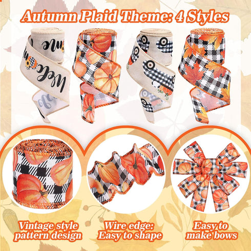 Whaline 30 Yard Fall Thanksgiving Wired Edge Ribbon, Buffalo Plaids, Autumn Leaves