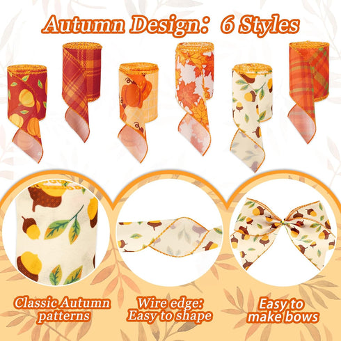 Whaline 6 Rolls 30 Yard Fall Thanksgiving Wired Edge Ribbon, Autumn Plaid Pumpkin Maple for Gift Wrapping