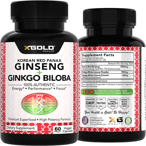Korean Red Panax Ginseng 1200mg + Ginkgo Biloba Extra Strength Vegan Capsules for Energy, Performance & Focus