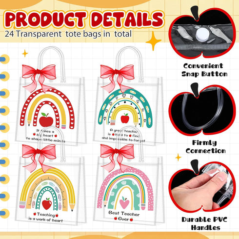 Shinylin 24 Pcs Teachers' Day Clear Gift Bags with Handles Ribbon Reusable Clear PVC Teacher Appreciation Gifts Bags