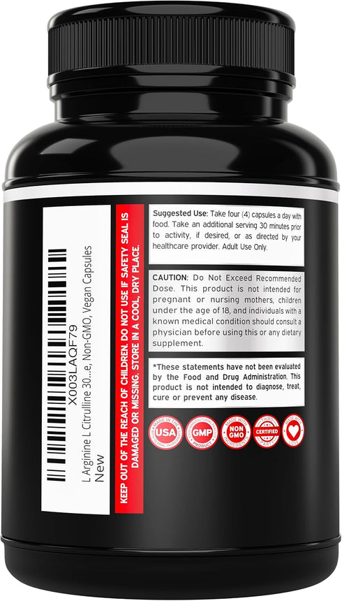L Arginine L Citrulline Supplement 3000mg - 240 Capsules, Nitric Oxide Pills for Men, Gluten Free, Non-GMO, Vegan