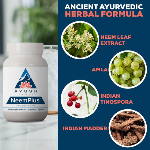 Immune 90 Ayush Herbs Neem Plus - Digestive Health for Women & Men, Gut Support Supplement for Stomach & Skin Health