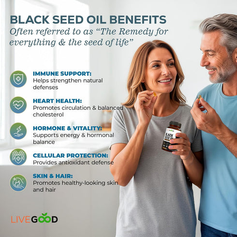 Immune (60 Count) LIVEGOOD Black Seed Capsules, Cold Pressed Black Cumin Seed Supplement for and Hormone Support