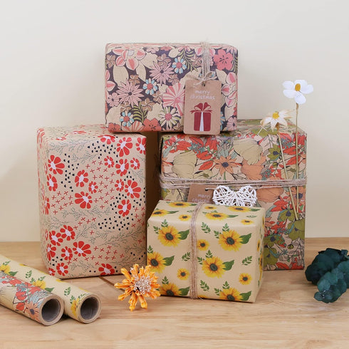 Aimyoo Kraft Floral Wrapping Paper Jumbo Roll, 17 in x 60 ft, All Occasion Flower Gift Wrap for Wedding Birthday Bridal