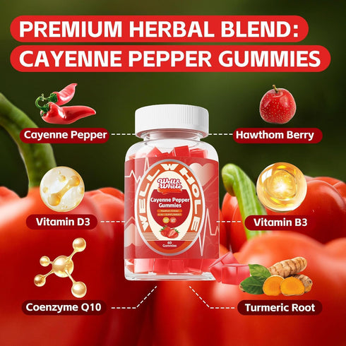 Gummies CoQ10, D3 60 Gummies Cayenne Pepper Extract with Hawthorn, Turmeric, Niacin and Vitamin - Support