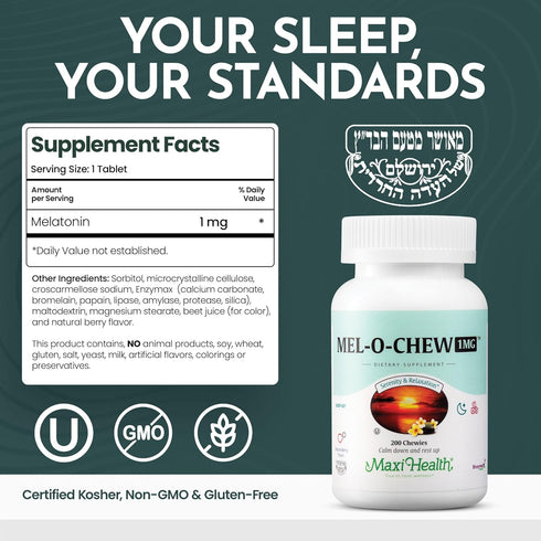 Maxi Health Melatonin 1mg Chewable, Sleep Aid Supplement, Non-Habit Forming, 200 Units