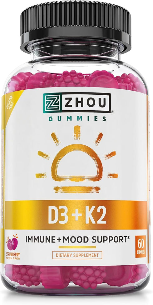 Zhou Nutrition Vitamin D3 K2 Gummies - 5000 IU D3 & 90 mcg K2 for Bone & Heart Health, 60 Count