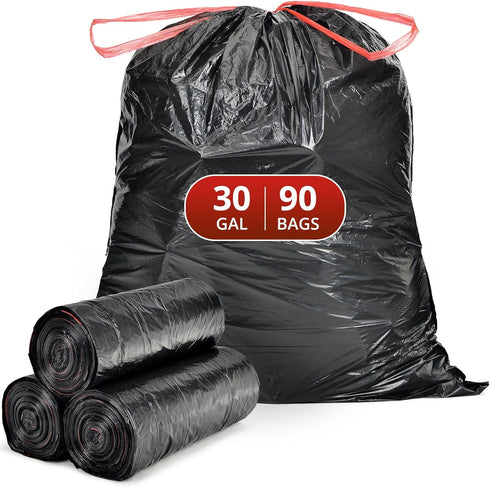 Heavy Duty 30 Gallon Trash Bags with Drawstring (90 Count) - Strong Plastic Liners for Kitchen, Yard, Industrial,