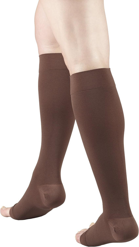 Truform 20-30 mmHg Compression Stockings, Knee High Length, Open Toe, Brown, Large