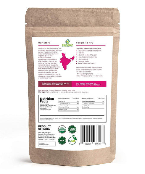 Organic Beet Root Powder, 8 oz or 226g, USDA Organic Approved, Raw and Non-GMO, Nitric Oxide Booster, Increases Stamina