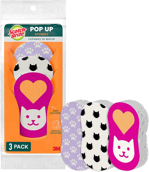 Scotch-Brite Cat Pop Up Non-Scratch Sponges, Limited Edition,Expands in Water,3 Pack