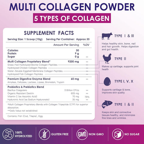 NATURE TARGET Multi Collagen Peptides Powder - Type I, II, III, V, X with Vitamin C, Hyaluronic Acid - 35 Servings