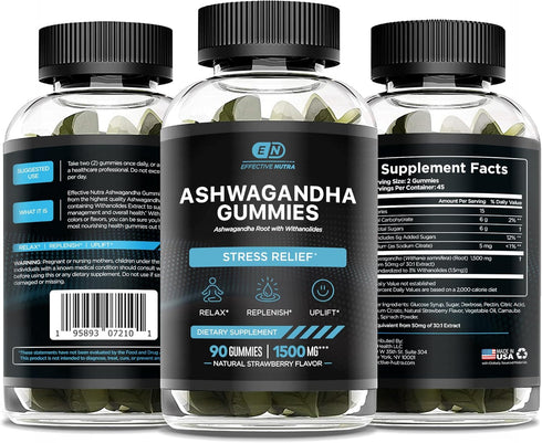 Ashwagandha Gummies 1500mg | Stress Relief, Immune Support, Calm Mood | 90 Count, Natural Strawberry Flavor